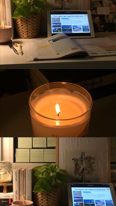 a candle sitting on top of a desk next to a laptop computer and a potted plant