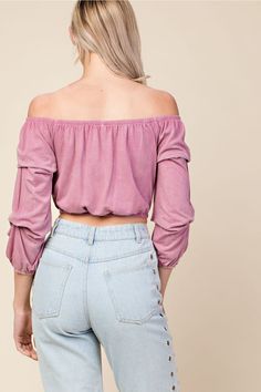 This flirty & fun crop top is perfect for day or night. It features an elastic off the shoulder neckline, 3/4 sleeves and a soft stretchy fabric. It is perfect for pairing with high-waisted jeans, mini skirts, and more! Extra Small Bust 32" : Small Bust 34" Medium Bust 36" : Large Bust 38" 48% Cotton 48% Modal 4% Spandex hand wash cold Stretch Cropped Off-shoulder Top For Fall, Cropped Stretch Off-shoulder Top For Fall, Trendy Off-shoulder Top For Spring, Fall Off-shoulder Stretch Crop Top, Stretch Off-shoulder Crop Top, Cotton Stretch Off-shoulder Top For Spring, Stretch Cotton Off-shoulder Top For Spring, Trendy Stretch Off-shoulder Top For Spring, Casual Stretch Cropped Off-shoulder Top