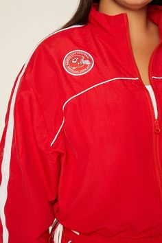 Forever 21+ - A windbreaker jacket featuring a funnel neck, contrasting piped and striped trim, front and back emblem graphics, zip - up front closure, and back "Kansas City Chiefs", "West Division", and various text. | Officially licensed product | 100% nylon | Machine wash cold | Model is 5'8" and wearing a Size 1X | Kansas City Chiefs Jacket Sporty College Outerwear With Zipper Closure, Sporty Outerwear With Zipper Closure For College, Sporty Zipper Closure Outerwear For College, Chiefs Jacket, Kansas City Football, Kansas City Chiefs, Funnel Neck, Windbreaker Jacket, Funnel