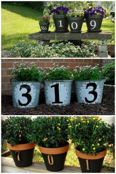 four different pots with numbers on them and flowers in the bottom one is painted blue