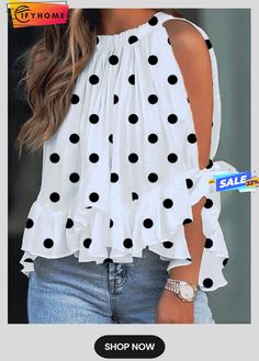 Cold Shoulder Loose Vacation Polka Dots Blouse Summer Polka Dot Blouse With Ruffles, Summer Ruffled Polka Dot Blouse, Summer Sleeveless Polka Dot Blouse, Sleeveless Polka Dot Blouse For Spring, Sleeveless Polka Dot Blouse For Summer, Polka Dot Sleeveless Casual Blouse, Casual Sleeveless Polka Dot Blouse, Polka Dots Blouse, Spring Vacation