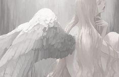 a woman with long white hair standing in front of an angel's wing and looking at the sky