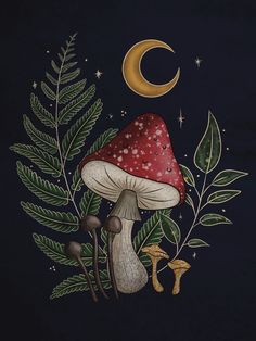 a painting of mushrooms and leaves with the moon in the sky above them on a black background