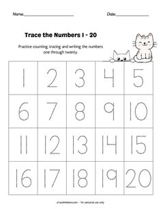 trace the numbers 1 - 20 worksheet