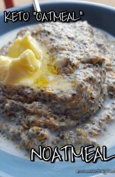 a blue plate topped with oatmeal and butter