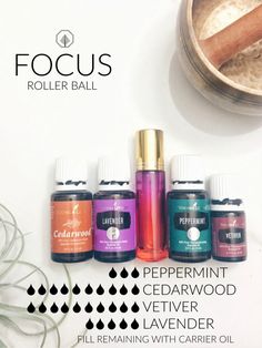 Focus Essential Oil, Focus Essential Oil Blend, Essential Oil Blends Roller, Young Living Oils Recipes, Essential Oil Roller Bottle Recipes, Essential Oils Focus, Roller Bottle Recipes, Essential Oil Combinations, Essential Oil Roller Balls