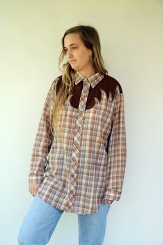 "Vintage western plaid blouse in brown with gold metallic threading, brown panels on both sides and on the upper back, snaps buttons down the front, original tag intact, cotton blend, aside from minor signs of wear, very good vintage condition. clean, ready to wear. ** Model is 5'7\" and size S/M for reference. Size labels state: Dress Tail 16-L-16 1/2 Approximate size: M/L - please refer to the measurements. M E A S U R E M E N T S -were taken with garments laying flat, please double where nece Mustard Jumpsuit, Plaid Brown, Tail Dress, Hippie Shirt, 70s Boho, Vintage Silk Scarf, Mexican Dresses, Plaid Blouse, Vintage Western