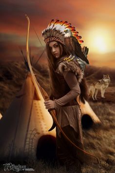 a woman dressed in native american clothing holding a bow and arrow while standing next to a teepee