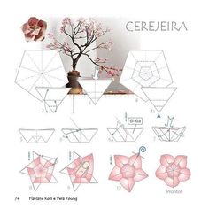 the diagram shows how to make an origami tree with flowers and vases