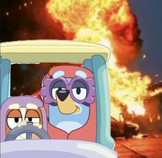 two cartoon characters in a car with fire behind them