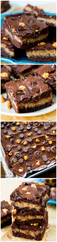 three different views of chocolate and peanut butter bars