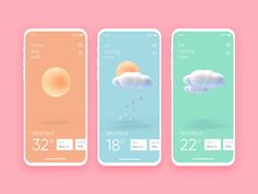 three smartphones displaying different weather conditions