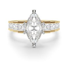 a pear shaped diamond engagement ring with side stones in rose gold and white diamonds on the band