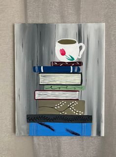 a painting of a stack of books with a coffee mug on top of it,