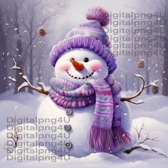 a painting of a snowman wearing a purple hat and scarf