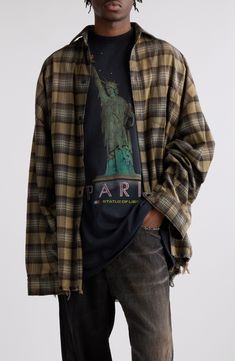 A tattered plaid overshirt is casually thrown over a graphic T-shirt on this layered cotton top that you can toss on for a quick, cohesive look. 34" length; 61" chest (size 2) Front button closure Spread collar Long sleeves Chest patch pocket Dropped shoulders Curved hem 100% cotton Machine wash, line dry Made in Italy Designer Clothing Relaxed Fit Distressed Shirt For Streetwear, Rugged Relaxed Fit Tops For Fall, Casual Distressed Shirt For Fall, Distressed Relaxed Fit Shirt For Fall, Distressed Cotton Shirt For Fall, Distressed Relaxed Fit Shirt For Streetwear, Fall Plaid Washed Tops, Plaid Grunge Tops For Streetwear, Distressed Plaid Shirt