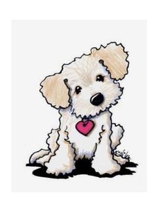 a drawing of a white dog with a heart in its mouth sitting on the ground