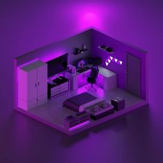 a room with purple lighting and furniture in it