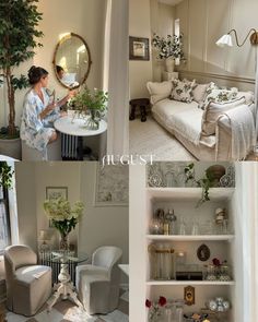 there are pictures of different rooms in the same house, and one is decorated with flowers