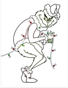 a drawing of a man dressed as santa clause holding a string with christmas lights on it