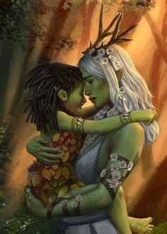 a painting of two people hugging each other in front of trees and leaves with horns on their heads