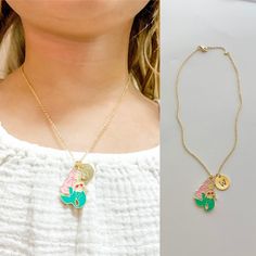 "A cute toddler, baby, or little girl mermaid pendant initial necklace. This adorable initial necklace makes the perfect personalized gift for any girl, any age! You'll love the look of excitement in their eye as they open their very own custom mermaid initial necklace! It's simple, classic design will be popular and trendy for many years to come. Strong enough to stand up against anything your little one may do! It makes a great birthday gift, Christmas gift, first necklace gift or a nice \"jus Mermaid Charm Necklace With Lobster Clasp For Gift, Adjustable Charms Necklace For Birthday, Adjustable Charm Necklace For Birthday, Whimsical Personalized Necklaces For Gifts, Birthday Charms Necklace With Initial Pendant, Playful Personalized Necklace For Mother's Day, Birthday Charm Necklace With Lobster Clasp, Initial Pendant Necklaces With Charms For Birthday, Initial Pendant Necklace With Charms For Birthday