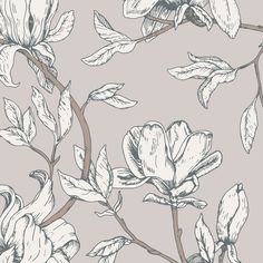 a floral wallpaper with white flowers and green leaves on a blue background in shades of gray