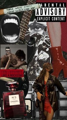 a collage of photos with an image of a woman holding a cell phone and guitar