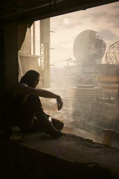 a man sitting on top of a window sill in front of a cityscape