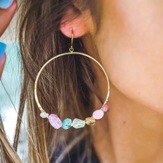 7 chakra gemstone gold hoop earrings Cotton Jewelry, Chakra Energy, Pink Jade, 7 Chakra, Hammered Gold, Mala Necklace, Green Jade, Gold Hoops, Jade Green