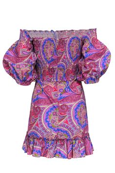 Get boho-chic with the romantic ruffled "Alona" dress from Alexis, featuring a playful off-the-shoulder design and billowy blouson sleeves. The brightly colored paisley print adds a touch of whimsy to this lightweight cotton poplin dress. Complete the look with chunky white heels for the perfect summer style. Size S 100% Cotton Unlined Off-the-shoulder Hidden back zip Smocked bodice Straight neckline Puff sleeve w/ elastic cuff Blue, yellow, red & green print Mini length Ruffled hem A-line Bust Bohemian Multicolor Off-shoulder Mini Dress, Bohemian Off-shoulder Multicolor Mini Dress, Bohemian Flowy Off-shoulder Mini Dress, Bohemian Off-shoulder Dress With Floral Print, Bohemian Off Shoulder Dress With Ruffles For Summer, Bohemian Fitted Off Shoulder Dress For Vacation, Bohemian Off-shoulder Mini Dress With Ruffles, Pink Bohemian Off-shoulder Dress, Pink Off-shoulder Bohemian Dress