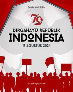 a group of people holding flags and standing in front of a red background with the words indonesia