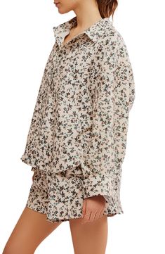 These floral-print knit pajamas featuring a high-low button-up top and drawstring shorts are cut from pure cotton to keep you cool all night long. Top: 25 1/2" front length; 30" back length (size Medium) Bottoms: 3" inseam; 27" leg opening; 13 1/2" front rise; 17 1/2" back rise (size Medium) Top has spread collar; long sleeves 100% cotton Machine wash, tumble dry Imported Casual Cotton Sleepwear With Floral Print, Summer Floral Print Beige Sleepwear, Beige Floral Print Sleepwear For Summer, Spring Printed Relaxed Fit Sleepwear, Casual Printed Sleepwear For Spring, Printed Relaxed Fit Sleepwear For Spring, Spring Printed Pajama Shorts For Pajama Party, Printed Relaxed Fit Spring Sleepwear, Casual Long Sleeve Sleepwear With Floral Print