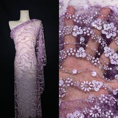 the dress is purple and has white flowers on it, along with an image of a mannequin's torso