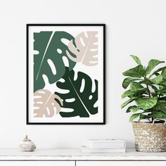 a white table topped with a plant next to a potted green leafy plant