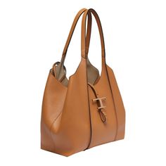 100% Calf leather Luxury Tan Bag For Shopping, Luxury Tan Tote Bag, Luxury Tan Bucket Shoulder Bag, Luxury Tan Satchel Bag, Designer Tan Shoulder Bag For Everyday Use, Designer Everyday Tan Shoulder Bag, Luxury Tan Everyday Bag, Business Bags In Cognac With Branded Hardware, Designer Tan Satchel With Removable Pouch