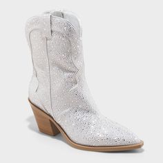 Add dazzling shine to your footwear with these Jacey Rhinestone Western Ankle Boots from Universal Thread™. These silver boots offer a standout look thanks to the seamless covering of silver rhinestones and a curved topline. Set on a 2.5-inch Western heel, the ankle boots with a side zipper are finished with an almond closed toe, cushioned insole and soft fabric lining for comfortable wear. Universal Thread™: Found exclusively at Target. Beach Socks, Silver Boots, Mary Jane Ballet Flats, Western Ankle Boots, Buckle Ankle Boots, Lace Up Combat Boots, Shoes Boots Ankle, Rubber Boot, Chunky High Heels