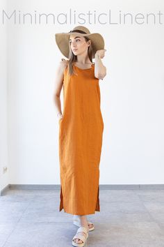 Spaghetti Strap Dress / women linen dress / minimalistic dress / orange linen dress Relaxed Fit Unlined Sundress Maxi Dress, Casual Unlined Maxi Dress For Daywear, Casual Sundress With Spaghetti Straps And Pockets, Casual Daywear Maxi Dress, Casual Maxi Length Sundress Unlined, Beach Cotton Midi Dress With Pockets, Casual Unlined Maxi Sundress, Spring Dresses With Pockets And Spaghetti Straps, Summer Dresses With Pockets And Spaghetti Straps