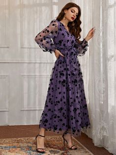 3D Floral Mesh Belted Surplice Front Dress Party Dress for sale, Buy Cheap Clothing Women Dresses & Skirts Clothing, Accessories - www.zicopop.com Dress Autumn, Purple Dress, Fall Dresses, Womens Fashion Casual, Boho Dress, New Arrival, Dress To Impress