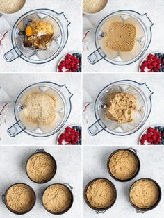 four pictures showing the steps to make an ice cream dessert in a blender with raspberries and other ingredients