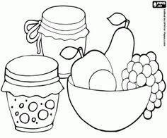 a black and white drawing of fruit in a bowl with a cup next to it