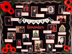 a remembrance display with red poppies and pictures on the front, along with words that read always remember