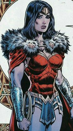 a woman in a red and blue outfit with fur on her shoulders, standing next to a circle