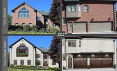 three different views of a house with garage doors and windows on the front, two side by side