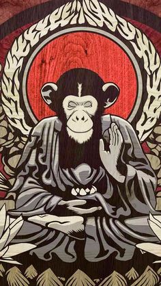 a painting of a monkey sitting in front of a red circle with an image of a monk on it