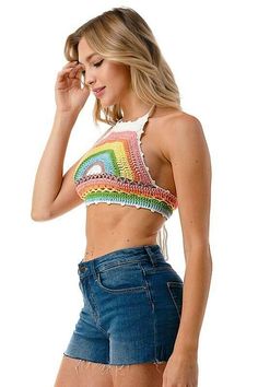 Final Sale-Get it before it's gone! When the weather gets warmer and you're out enjoying the sunshine with the Tulula Summer Daze Pastel Rainbow Crochet Halter Crop Top! This crocheted top has an ivory, yellow, teal blue, lavender and green color block rainbow design and features a tying halter neckline and a fitted bodice. The cropped hem is accented with lace-up detail at the back. DETAILS & CARE Cotton. Machine wash cold. Imported. Multicolor Stretch Crochet Top For Spring, Spring Multicolor Stretch Crochet Top, Trendy Crochet Tops For Beach Season, Crochet Halter Neck Top For Spring, Summer Multicolor Stretch Crochet Top, Spring Halter Neck Top With Crochet Trim, Multicolor Stretch Crochet Top For Summer, Stretch Multicolor Crochet Top For Summer, Fitted Tops For Summer