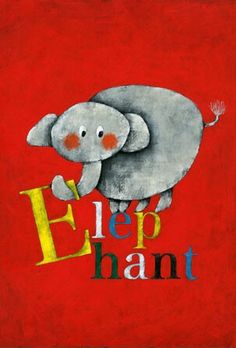 an elephant is painted on a red background with the word elephant in it's hand