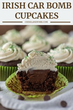 irish car bomb cupcakes with chocolate frosting and green sprinkles