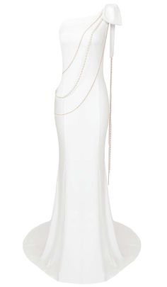 ASYMMETRIC CHAIN MAXI DRESS IN SNOWY Elegant White Maxi Dress With Sweep Train, White Maxi Dress With Sweep Train For Evening, White Evening Maxi Dress With Sweep Train, White Dress With Long Train For Gala, White Sweep Train Maxi Dress For Evening, Evening Dresses Midi, Satin Corset Dress, Graceful Movement, Romper And Jacket