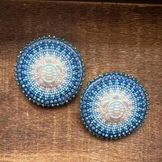 Native American made flat-stitch beadwork, size 11 cut beads, Large 2.25 x 2.25 stud earrings, backed with white buckskin American Made, Jewelry Earrings Studs, Bead Work, Baby Blue, Favorite Jewelry, Native American, Beauty Book, Berlin, Jewelry Earrings